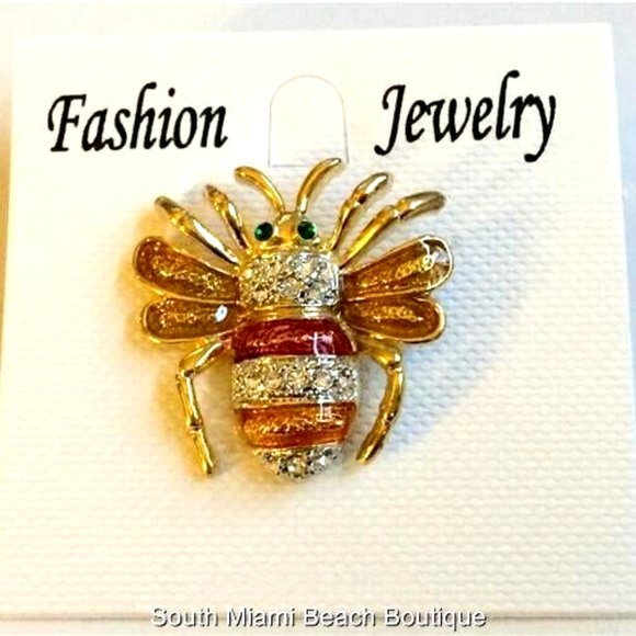 Bumble Bee Lapel Pin Brooch Gold Plated Crystal Tie Tac Hat Enamel Insect - Picture 6 of 9